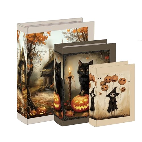 Dekorative Buchbox aus Holz, 3er-Set – Vintage-Kunstbuchboxen für Heimdekoration, geheime Aufbewahrung mit Magnetverschluss, antiker Stil, Halloween-Ledereinband-Design, perfekt für Heimbüro, von XIAOAIKA