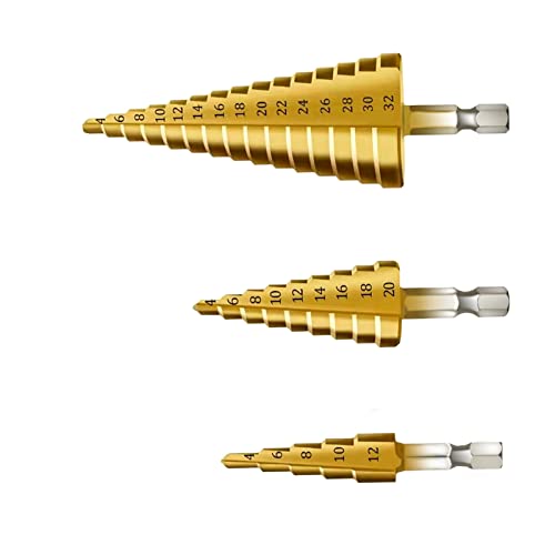 XIAOMAOMAO 3 Stück Stufenbohrer, HSS Titan, sechseckiger Schaft, 4-12/20/32 mm Lochschneider für Holz und Metall XIAOMAOMAO 3 Stück Stufenbohrer, HSS Titan, sechseckiger Schaft, 4-12/20/32 mm Lochschneider für Holz und Metall von XIAOMAOMAO