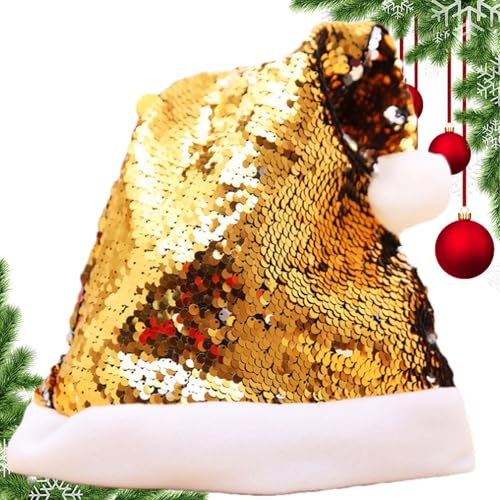 XIAOXIAOYU Glitzernde Weihnachtsmütze für Damen, glitzernde Weihnachtsmütze - Frohes Neues Jahr Weihnachtsmannmütze mit Pailletten,Weihnachtsmann-Kostümmütze mit glänzenden Pailletten und Bommel, von XIAOXIAOYU