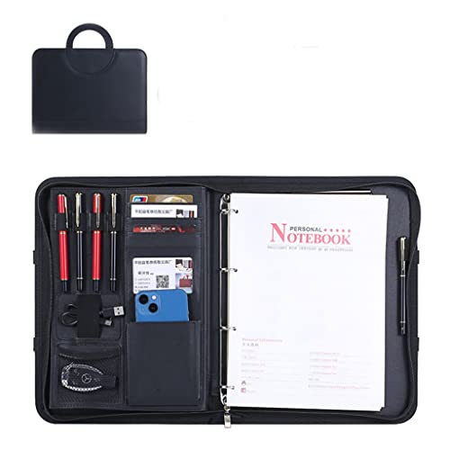 Business-Konferenz-Leder-Faltmappe, Hardcover-Notizbuch, nachfüllbares Schreibtagebuch, 4-Ring-Ordner, Reisetagebuch, Tagebuch-Organizer mit Tasche, Arbeitsgeschenk(Black) von XIAOYIWIN