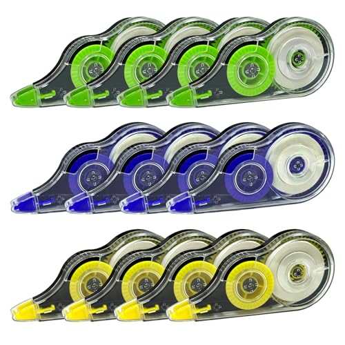 XIAQICA 12 Stück Korrekturroller Weißband Korrekturbänder Set 12m x 5mm Mini Korrekturmaus mit Schutzkappe&Fenster Klebemaus Roller Correction Tape für Schüler Schulbedarf (Gelb, Grün, Blau) von XIAQICA