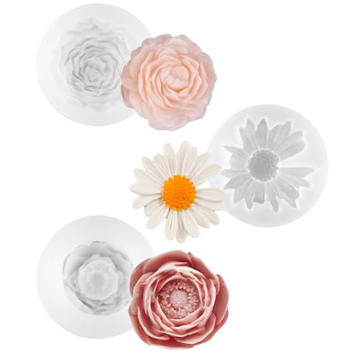 XIAQICA 3 Stück Kerzen Silikonformen Kerzenform Blumen 3D Silikonform Kerzen Silikonformen Gießformen Kerzen Gießen Formen für DIY Kerzen, Seifen, Gipsharzhandwerk (Pfingstrose Rose Chrysantheme) von XIAQICA