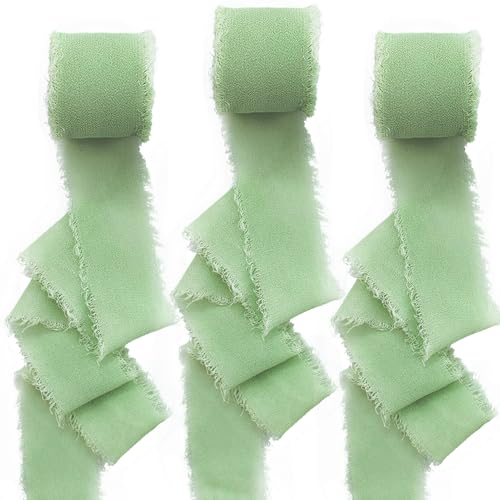 3 pcs Schleifenband Grün,Bänder,Eukalyptus Deko Hochzeit Servietten Eukalyptus,Schleifenband Eukalyptus Grün,Geschenkband Hochzeit Chiffonband Stoffband,Fransenband,Tischdekoration-3 cm x 5 m von XIASHENG