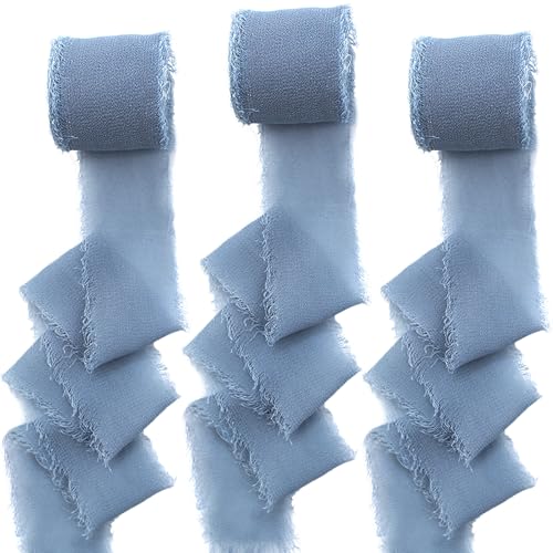 3 pcs Schleifenband Hellblau,Bänder,Eukalyptus Deko Hochzeit Servietten Eukalyptus,Schleifenband Eukalyptus Grün,Geschenkband Hochzeit Chiffonband Stoffband,Fransenband,Tischdekoration-3 cm x 5 m von XIASHENG