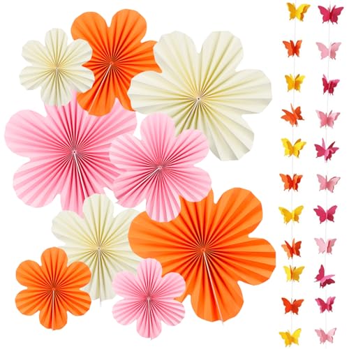 XIATIAN 11 Stück Papier Fächer Dekoration, Hanging Girlande Orange Rosa Cremefarben Blumen Papierblumen zum Aufhängen Party Deko für Hochzeit Geburtstag Tea Party Tischdeko Classroom Fasching Deko von XIATIAN