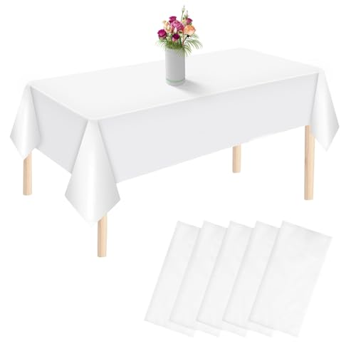 5 Stück Kunststoff Tischdecke, Rechteckige Weiß Tischdecke, 137 x 274 cm Einweg Tischdecke, Plastik Tischdecken für Picknick, BBQ, Party, Geburtstag, Hochzeit, Bankett von XIEJ