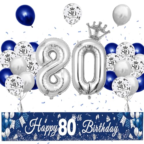 XIEXIESHER 80 Geburtstag Deko, Blau Silber Luftballons 80 Geburtstag Dekoration Set, Partydeko mit Kronenballon und Banner 80 geburtstag mann, für Männer Frauen Party Deko 80.Geburtstag von XIEXIESHER