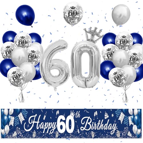 XIEXIESHER 60 Geburtstag Deko, Blau Silber Luftballons 60 Geburtstag Dekoration Set, Partydeko mit Kronenballon und Banner 60 geburtstag mann, für Männer Frauen Party Deko 60.Geburtstag von XIEXIESHER