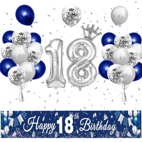 XIEXIESHER 18 Geburtstag Deko, Blau Silber Luftballons 18 Geburtstag Dekoration Set, Partydeko mit Kronenballon und Banner 18 geburtstag Jungen, für Jungen MädchenParty Deko 18.Geburtstag von XIEXIESHER