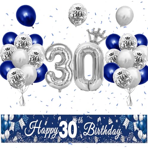 XIEXIESHER 30 Geburtstag Deko, Blau Silber Luftballons 30 Geburtstag Dekoration Set, Partydeko mit Kronenballon und Banner 30 geburtstag mann, für Männer Frauen Party Deko 30.Geburtstag von XIEXIESHER