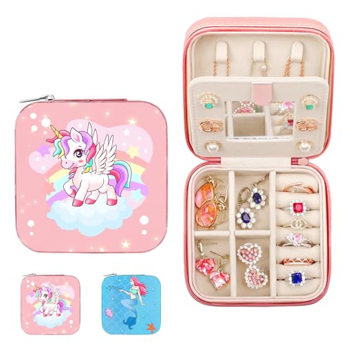 XIEXIESHER SchmuckkäStchen Einhorn, Reise Schmucketui Klein, Einhorn Geschenke Mädchen, PU Jewelry Box für Ringe, Ohrringe, Halskette, Einhorn Schmuckschatulle für Mädchen Geschenk von XIEXIESHER