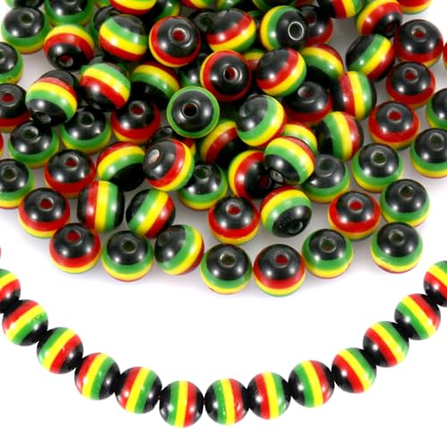 100 Stück Jamaika Perlen zur Schmuckherstellung, 8 mm Mehrfarbige Gestreifte Perlen Harz Rasta Perlen Runde Afrikanische Perlen für Halsketten, Ohrringe, Armbänder, DIY-Schmuck von XIHIRCD