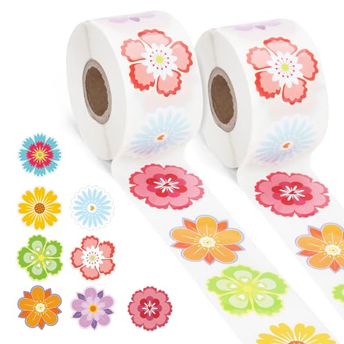 1000stk/2 Rolle Blumenaufkleber für Kinder, 3,8cm, 8 Muster Frühlings-Sommer-Blumenaufkleber Bunt Wasserfest Sonnenbeständig Blumenaufkleber für Sammelalben Wasserflaschen Karten Umschläge von XIHIRCD