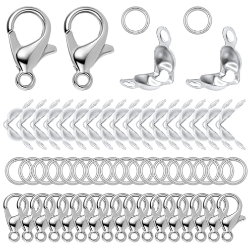 1250pcs Schmuckherstellung Set Zubehör, 3 Stile Offene Biegeringe Perlenspitzen Knotenabdeckungen, Karabinerverschlüsse, Schmuckherstellungszubehör Set für Armband Halsketten DIY (Silber) von XIHIRCD