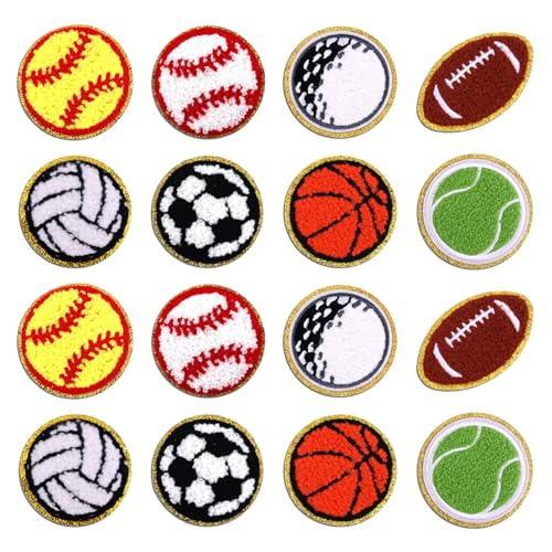 16stk Sport-Aufbügler, Basketball Baseball Golf Football Chenille-Aufnäher Fußball Rugby Tennis Volleyball Aufnäher Bestickte Applikation für Hüte Jeans Rucksäcke Kleidung Reparatur Heimwerken von XIHIRCD