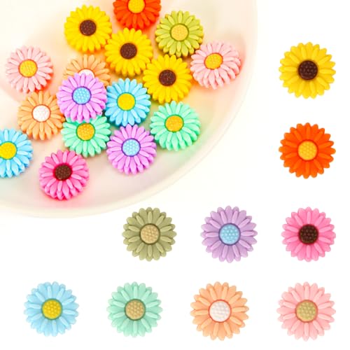 18 Stück Sonnenblumen Silikonperlen, 9 Farben, Runde Silikon Focal Perlen Blumenförmige Flache Gänseblümchen Perlen Charm Dekoration für DIY-Stifte, Schlüsselanhänger, Kunsthandwerk von XIHIRCD