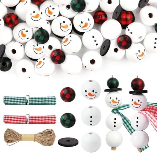 180stk Schneemann Holzperlen, Holzperlen Weihnachten Büffel-Plaid-Holzperlen mit DIY-Schnur-Schal-Holzperlen-Bastelarbeiten für Weihnachts-DIY-Basteldekoration (Rot und Grün Kariert) von XIHIRCD