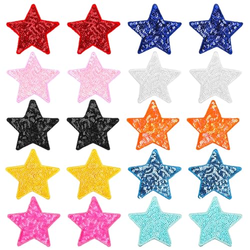 20stk Stern Glitzer Aufnäher, 6,5x6cm Aufnäher zum Aufbügeln Mehrfarbig Pailletten-Stickerei-Patches Glänzende Sterne-Flicken für Kleidung Schuhe Taschen Hüte für Damen und Herren von XIHIRCD