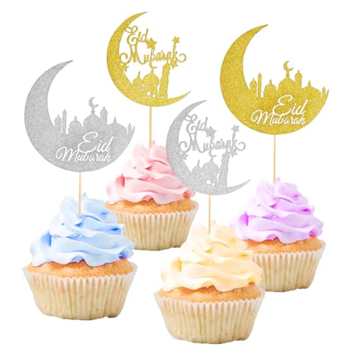 24 Stück Eid Mubarak Cake Topper, Glitzer Gold Silber Ramadan Cupcake Topper Mond Cupcake Picks Kareem Kuchendekoration für Islamische Muslimische Geburtstag Mottoparty Gastgeschenke Zubehör von XIHIRCD