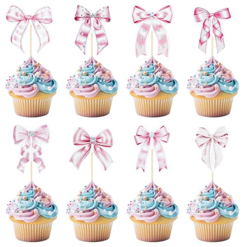 24 Stück Rosa Cupcake Deko Schleife, Papier Kuchen Topper Schleife Süß Kuchen Deko Schleife Cupcake-Topper mit Fliege für Hochzeiten Babypartys Dekorationen für Mädchengeburtstage von XIHIRCD