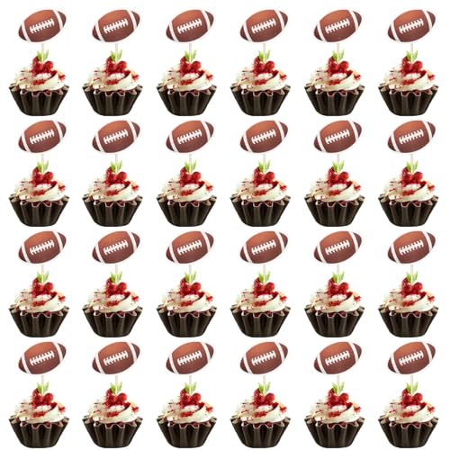 XIHIRCD 24 Stück Rugby-Cupcake-Topper, Fußball-Kuchenaufsatz Cupcake-Picker mit Fußballmotiv Super-Bowl-Party-Dekoration Rugbyball-Kuchenaufsatz Fußball-Cupcake-Picker für Geburtstagspartys von XIHIRCD