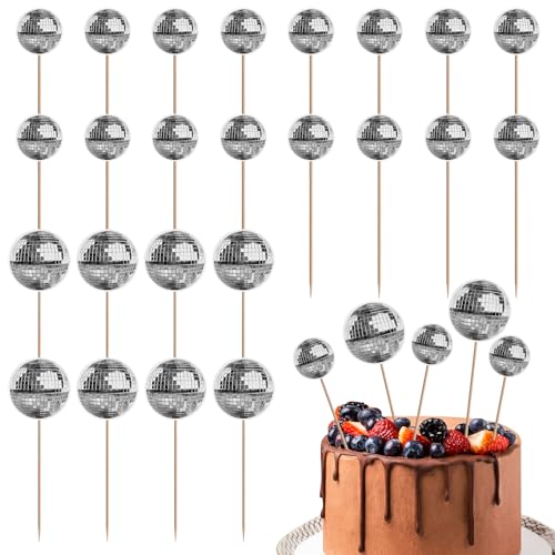 24stk Discokugel-Cupcake-Topper, Silberfarbene Kuchendekoration im 70er-Jahre-Stil 2 Größen Happy Birthday-Kuchenaufsatz Discokugel-Kuchenaufsätze für Partygeschenke zum Thema Disco von XIHIRCD