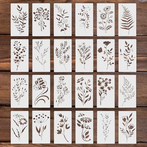 24stk Wildblumen-Schablonen zum Malen, 24 Designs Blatt und Blumen-Schablonen Wiederverwendbar Blumen-Malschablone Botanische Kunst-Schablonen zum Malen auf Holz Kartenherstellung Heimdekor von XIHIRCD