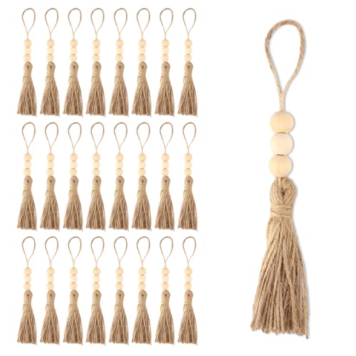 25st Jute Quasten mit 3 Holzperlen, Hanfseil Sackleinen Quasten Boho Weihnachtsbaum DIY Handwerk Bauernhaus Dekorative Nähquasten für Girlanden Projekt Hochzeit Zuhause Party Dekorationen von XIHIRCD