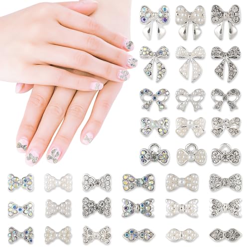 33 Stück Charms für Nägel Schleifen, 3D Silber Legierungs Nagel Charms Schleife Y2K Nagel Charms für Acryl Nägel Strass Nagelkunst DIY Dekoration Eingelegte Perlen Geschenk für Mädchen Frauen von XIHIRCD