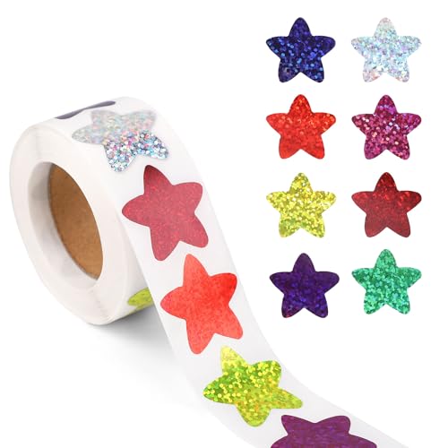 500st Holografische Stern Aufkleber, 2,5cm Kleine Sterne Aufkleber Rolle Glitzernd Bunt Incentive Sternaufkleber Selbstklebend Stern Etiketten für Belohnungszubehör für Kinder Lehrer Basteln von XIHIRCD