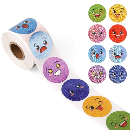 500stk 38mm Folien-Smiley-Aufkleber, Glitzer Kleine Smiley-Aufkleber Süß Winzig Anreiz-Aufkleberrolle für Kinder-Belohnungstafel Schüler Klassenzimmer Lehrer (8 Stile) von XIHIRCD