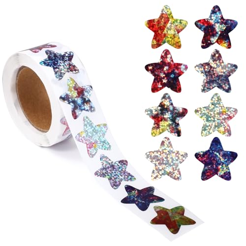 500stk Glitzer Stern Aufkleber, 2,5cm Farbig Selbstklebend Glitzernd Anreiz-Stern-Aufkleber Holografisch Glänzende Stern Aufkleberrolle für Kinder Schüler Lehrer Belohnungsbedarf Basteln von XIHIRCD