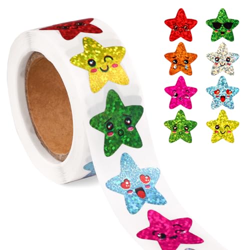 500stk Lächelnde Stern Aufkleber, 2,5cm Farbig Selbstklebend Glitzernde Anreiz-Sternaufkleber Glitzerstern-Aufkleberrolle für Kinder Schüler Lehrer Belohnungszubehör Basteln von XIHIRCD