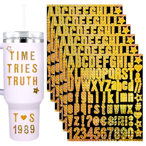 6 Bögen Vinyl-Buchstabenaufkleber, Glitzernde Vinyl-Alphabetaufkleber Selbstklebende Buchstaben und Zahlenaufkleber Wasserfeste Aufkleber für Stanley Tassen Bastelarbeiten (Gold) von XIHIRCD