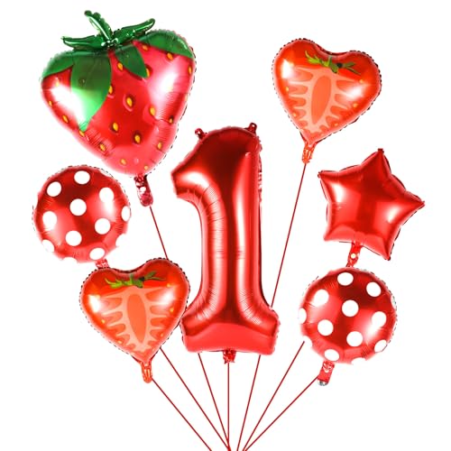 7 Stück Erdbeer Ballons, Erdbeer Geburtstag Deko 1 Erdbeer Geburtstags Party Dekorationen Süßer Erdbeer Folienballon für Mädchen Partyzubehör zum Ersten Geburtstag mit Beeren von XIHIRCD