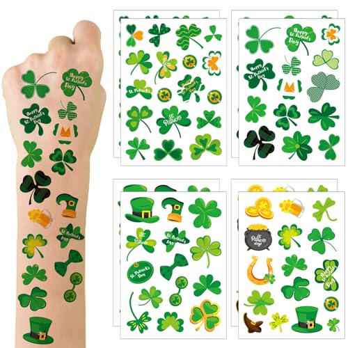 8 Blatt St Patricks Day Aufkleber, Glücksgrün Kleeblatt Aufkleber Selbstklebend St Patricks Day Deko Etiketten Verschiedene Muster Irische Dekorationen Geschenke für Party Basteltaschen von XIHIRCD