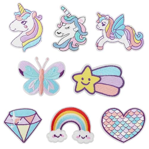 8stk Verträumte Einhorn-Aufbügler für Mädchen, 8 Stile Bestickte Aufbügler DIY-Nähapplikation Reparaturflicken Regenbogen Herz Schmetterling Rautenflicken für Kinder Kleidung Rucksack Mütze von XIHIRCD