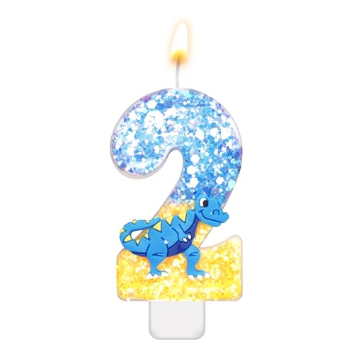 Dinosaurier Kerzen Geburtstag, 7,3cm Zahlen Geburtstagskerzen Pailletten-Kuchenaufsatz Kerze 3D-Zahlenkerze für Dinosaurier-Mottoparty-Geburtstagsdekorationszubehör(Nummer 2) von XIHIRCD