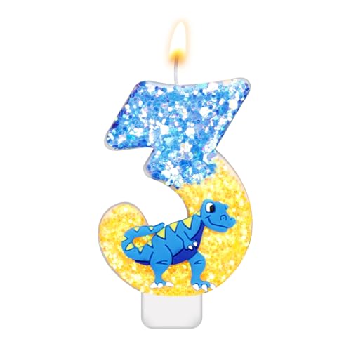 Dinosaurier Kerzen Geburtstag, 7,3cm Zahlen Geburtstagskerzen Pailletten-Kuchenaufsatz Kerze 3D-Zahlenkerze für Dinosaurier-Mottoparty-Geburtstagsdekorationszubehör(Nummer 3) von XIHIRCD