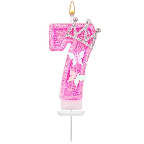 Geburtstag Nummer Kerzen, 7,3cm Rosa Glitzerzahlenkerzen Mit Schmetterling Und Strasskrone Geburtstagszahlenkerzen Perfekte Geburtstags- Und Jubiläumsdekoration(Zahl 7) von XIHIRCD