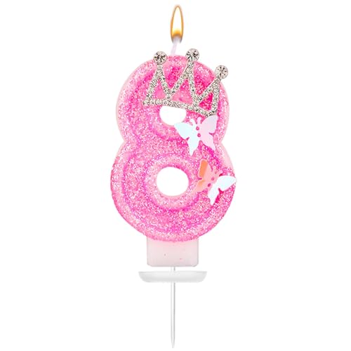 Geburtstag Nummer Kerzen, 7,3cm Rosa Glitzerzahlenkerzen Mit Schmetterling Und Strasskrone Geburtstagszahlenkerzen Perfekte Geburtstags- Und Jubiläumsdekoration(Zahl 8) von XIHIRCD