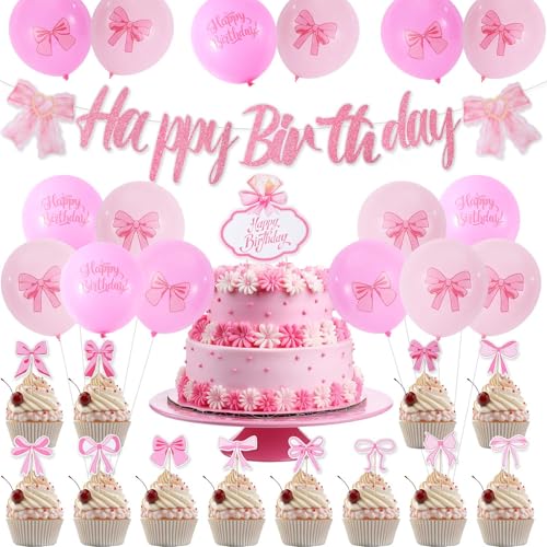 Partydekorationen mit Rosa Schleife, Luftballons mit Schleife Happy Birthday Banner mit Schleife Cupcake Topper mit Rosa Schleife Geburtstagsdekorationen für Mädchen für Schleifen Mottoparty von XIHIRCD