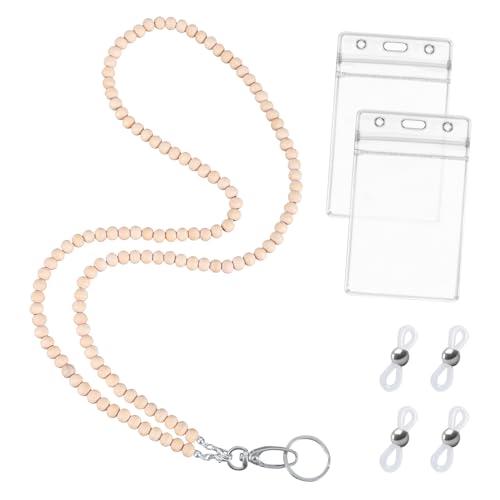 XIHIRCD Schlüsselband mit Id Kartenhalter, Lanyard Lehrer Schlüsselband mit Holzperlen Stilvolles Schlüsselband mit Perlen für Damen Ausweisclip Schlüssel Brillenkette von XIHIRCD