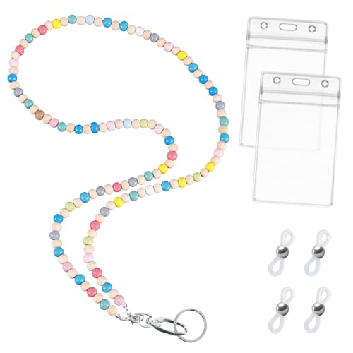 Schlüsselband mit Id Kartenhalter, Lanyard für Schlüssel Bunt Lanyard Lehrer Schlüsselband mit Holzperlen Stilvolles Schlüsselband mit Perlen für Damen Ausweisclip Schlüssel von XIHIRCD