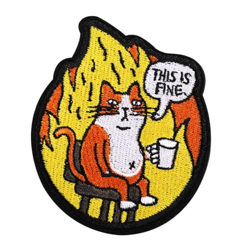 This is Fine Katzen Aufnäher, 7,7x 6,5cm Süß Meme Aufnäher Moral Aufnäher mit Katzenmotiv This is Fine Hunde Aufnäher Katzen Stickerei Aufnäher mit Klettband für Jeans Jacken Rucksäcke Hüte von XIHIRCD