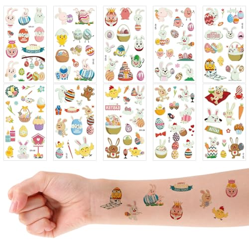 XIHIRCD 10 Blatt Leuchtende Oster-Tattoo-Aufkleber für Kinder, Süßes Buntes Ei Temporäre Hasen-Tattoos im Dunkeln Leuchtende Kaninchen-Tattoos Oster-Partygeschenke Geschenkkorbfüller Spielpreise von XIHIRCD