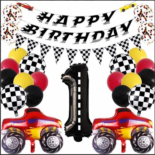 29 Stück Renn-Partyzubehör, Hot Wheel Racing rote Auto-Folienballons, Happy Brithday Rennflagge für 1. Geburtstag, Party-Dekoration (1 von XIIULANGS