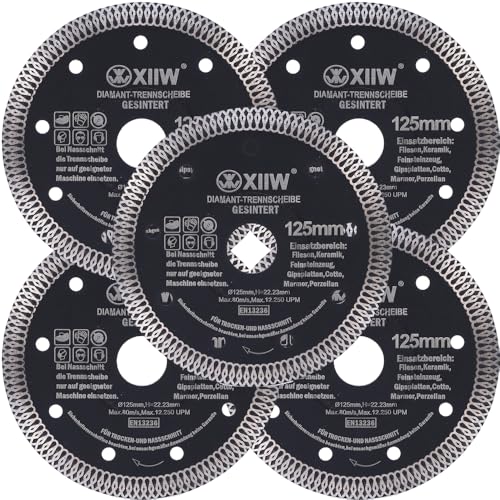 5x Diamanttrennscheibe Ø125mm Trennscheiben, 10mm Segment, Schnittbreite von ca. 1,4 mm, extra dünn Turbo Winkelschleifern Diamant-Trennscheibe für Beton Fliesen Granit von XIIW