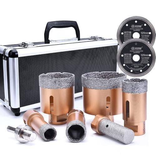 9tlg. M14 Lochsägen Set Diamantbohrer, 20-27-35-55-68mm + HEX Adapter + 25mm Fingerfräser + 2x 125mm Trennscheibe | 15mm Segmenthöhe | Nass Trocken Diamant Fliesenbohrer für Keramik Mauerwerk Granit von XIIW