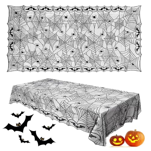 XIMEY Halloween Tischdecke, Tischdecke Spitze Schwarz, Halloween Tischdecke Spitze Deko, Schloss Horror Tischtuch, Tischdecke mit Spukhaus Schloss Dekoration Halloween Party-Dekoration 122 x 244 cm von XIMEY